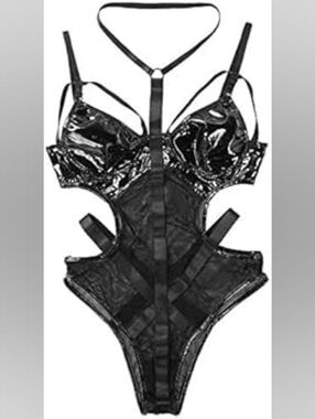Black Mesh and Patent Trim Bodysuit